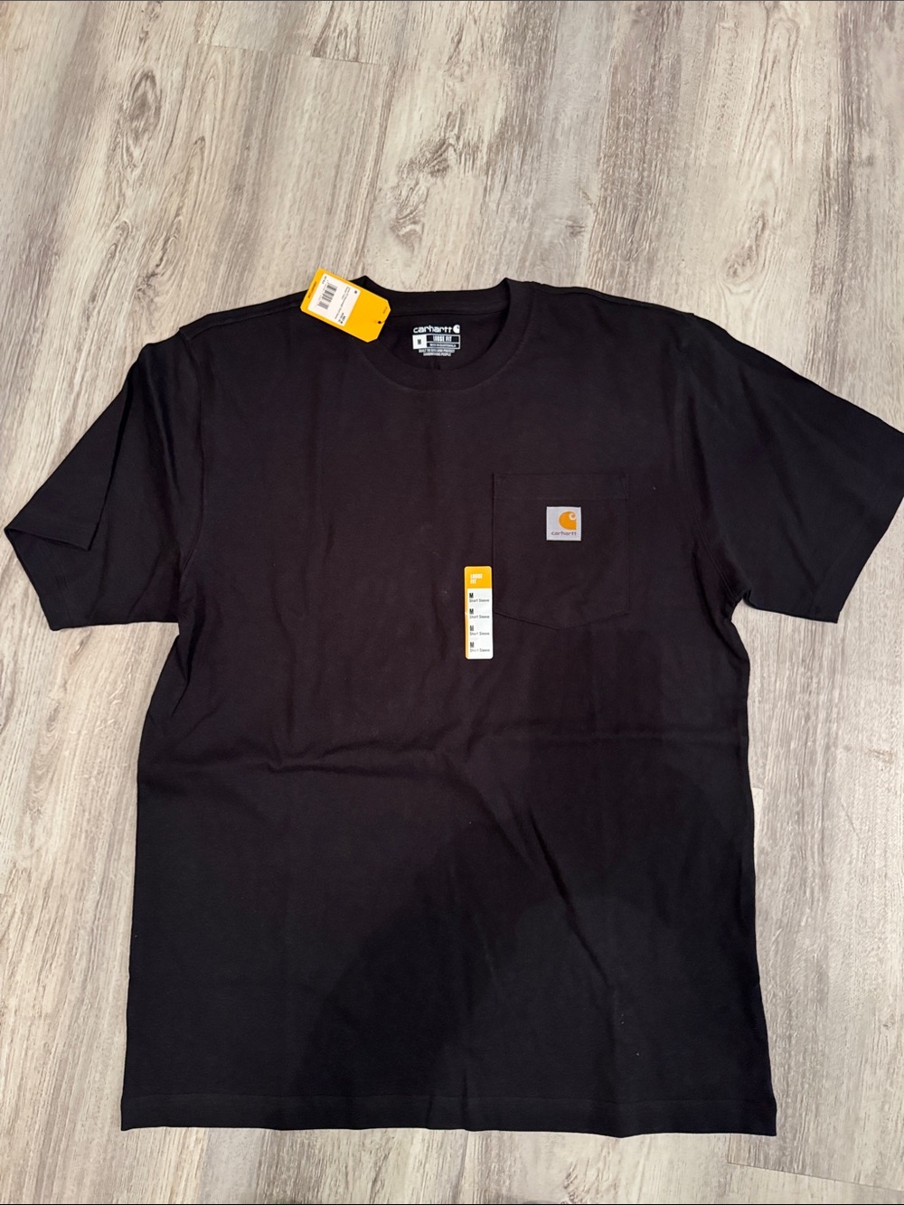 Carhartt Black Pocket Tee with Tan Logo Patch loose fit size M